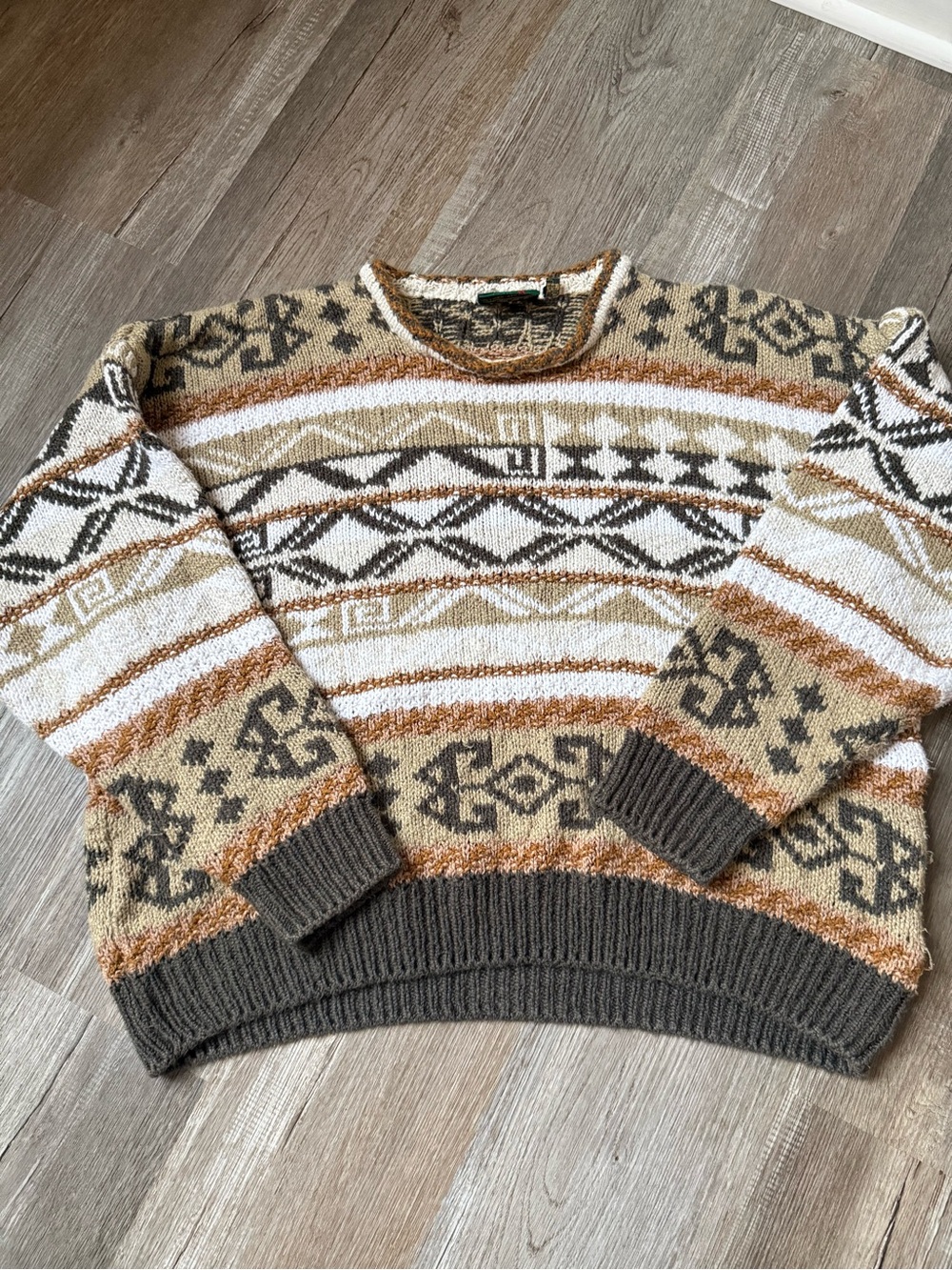 VTG Gaeltarra Ireland Patterned Crewneck Sweater Funky Linen Cotton Brown XL